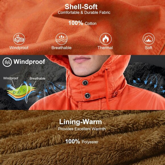 Mens Orange Thick Winter Jacket Hooded Fleece Lined Cotton Military Coat - Picture 3 of 6